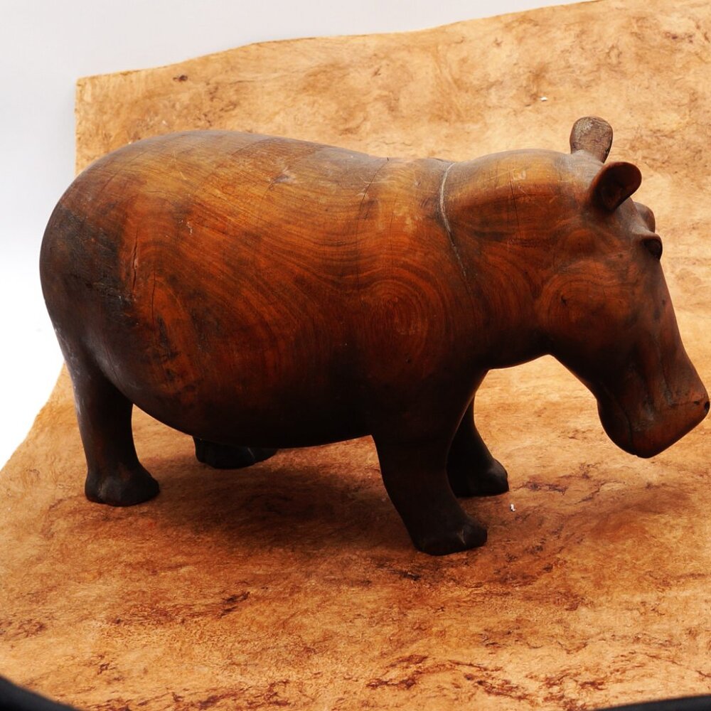 Vintage Handcarved African Hippoptamus Solid Wood Sculpture